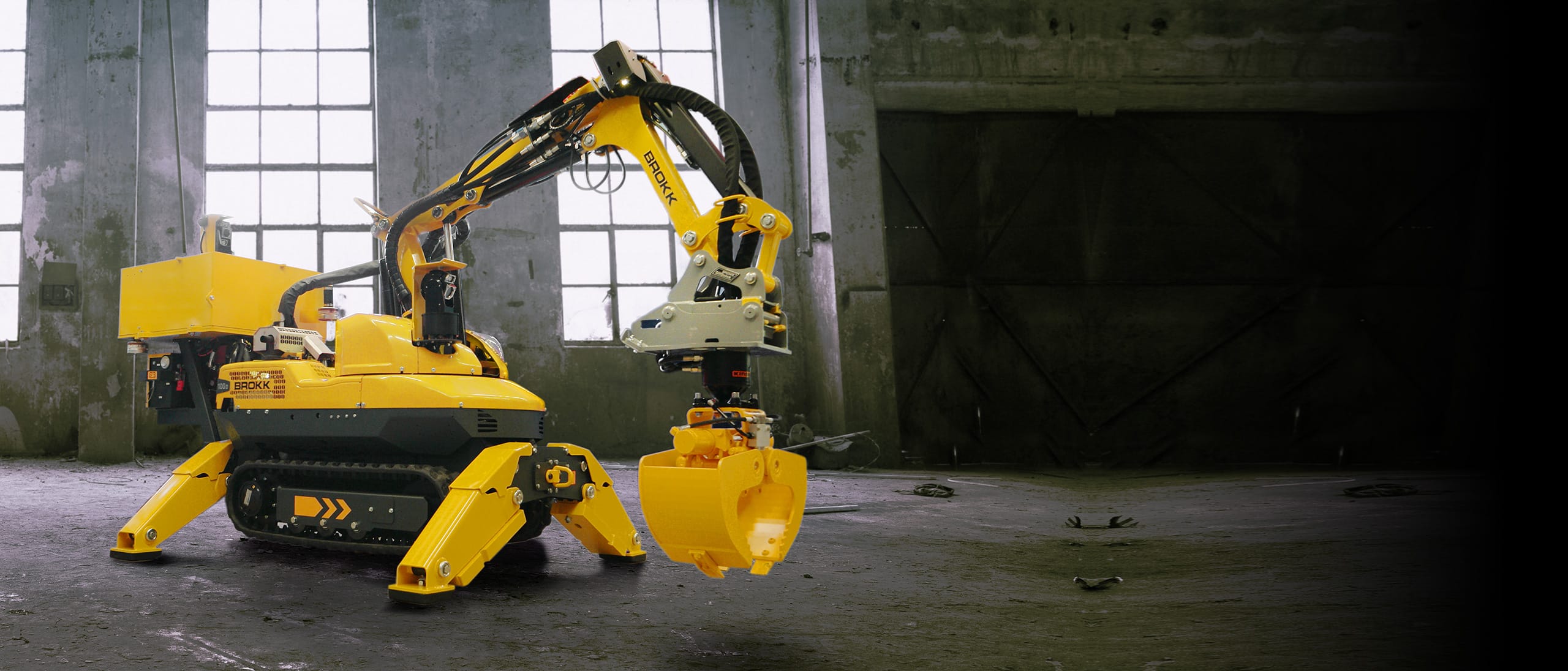Custom machine Brokk 120 Diesel with a radiation shielded electric cabinet, Ahlberg video system, battery powered recovery system, hydraulic quick hitch and load holding valves together with a multi grapple A02H attachment
